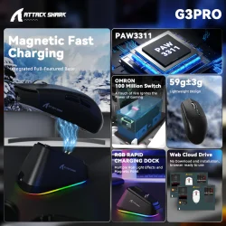 ATTACK SHARK G3PRO Tri-mode Wireless Gaming Mouse with Charge Dock 25000 DPI Ultra Lightweight Black & White - Image 3
